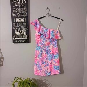 Lilly Pulitzer Pink and Blue Floral One-Shoulder Dress